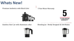 Havells Hexo 950 Watt Juicer Mixer Grinder | Copper Motor with Double Ball Bearing | 2 Jars (Polycarbonate & SS) | 22000 RPM | 100 Min Continuous Run | Metal Teeth Coupler | (Black & Silver)