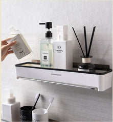MOMISY Magic Sticker Series Plastic Kitchen and Bathroom Shelf with Towel Napkin Holder (White-Black)
