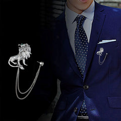 SYGA Men's & Women Suit Shirt Stud Lapel Pin Chain Tassel Brooch Pin with Crystal Chain(ancient silver lion)