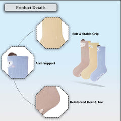 MOMISY 3 Pairs of Baby Kids Children Anti Skid Sleep Spring Winter And Autumn Combed Cotton Long Tube Knee-High Socks (YellowBlueKhaki, 0-1Y)