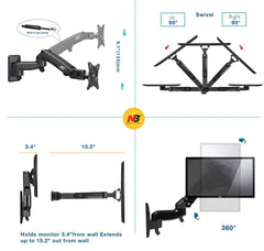 TECVITY Gas-Strut Monitor Arm for 17” to 35”, Load 3-12kg, Double Extension.