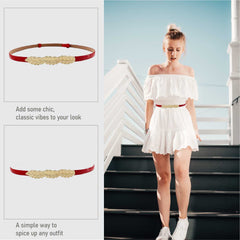 SYGA Women's Leaf Skinny Stretchy Leather Thin Belt, Black (Pack of 1)