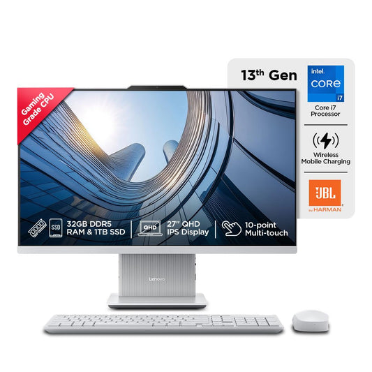 Lenovo IdeaCentre AIO 13th Gen Core i7-13620H 27" QHD IPS (32GB RAM/1TB SSD/Windows11/Office 2021/3Wx2 Harman Speaker/Touchscreen/Wireless EOS Keyboard & Mouse, Grey), F0HM00GQIN All-in-One Desktop
