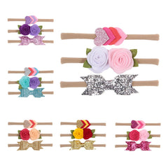 MOMISY Headbands Flowers Soft Synthetic Hairbands for Baby Girls, Infants and Toddlers, Pack of 3 - Multicolor (Free Size, Pink White Silver)