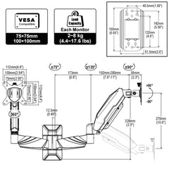 13-32" Monitor/LED TV, Gas Spring Wall Mount for 360 Degree Swivel & Tilt View (Dual Monitor Wall Arm)