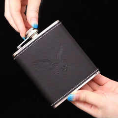 SYGA Hip Flask Set Gift Box Pocket Flask Funnel and 2 Cups Pocket Friendly Pocket Drinking Flask for Alcohol Whiskey Rum Vodka for Men and Women, Brown Leather - 210ml