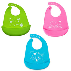 SYGA Waterproof Silicone Bibs with Crumb Catcher Bibs Adjustable For 0-6 Years Unisex Baby- Pack of 3(Color May Vary)