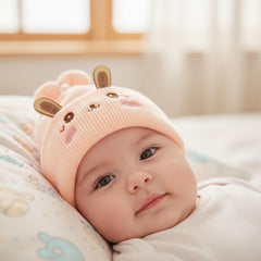 MOMISY Bunny Baby Cap, Soft Beanie Woolen Hat for Spring, Winter, Autumn, for Newborn, Infant, Toddler, Kids, Babies- 0 to 6 Months (in, Age, 0 Months, 6 Months, Peach)