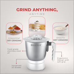 Sujata Powermatic Plus Juicer Mixer Grinder|900 Watts Double Ball Bearing Motor|22000 RPM|Non-Stop 90 Mins Running|2 Jars including 1750ml Blender, 1000ml Grinder Jar| (White)