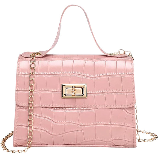 MOMISY Shoulder Sling Bag with Long Chain Strap for Women Crocodile Pattern Turn lock Closure Handbags Multipurpose Crossbody Bag Purse Ladies Bag (Pink, 1)