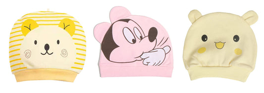 MOMISY Small Cartoon Design Baby Cotton Cap for Newborn Baby Boys and Girls of Age 0 to 6 Months (CtYlo-MkPnk-PndaLtYlo)-Pack of 3