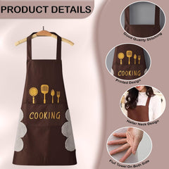 MOMISY Waterproof Kitchen Apron, Cooking Apron with Pockets, Side Towel for Hand Wiping, Suitable for Men and Women (Brown)