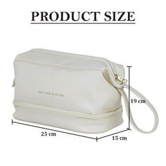 MOMISY Large Capacity Cosmetic Travel Bag, Women's Makeup Travel Bag Portable Leather Cosmetics Bag, Makeup Storage Bags with Handle and Divider, Wide Opening Cosmetic/Makeup Organizer (Cream)