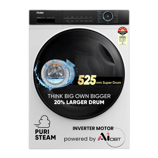 Haier 8 kg 5 Star Powered by AI-DBT with PuriSteam, 525mm Super Drum Fully Automatic Front Load Washing Machine (HW80-IM12929C, Inverter Motor with In-Built Heater, White)
