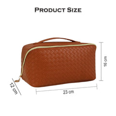 MOMISY Large Capacity Cosmetic Travel Bag, Women's Makeup Travel Bag Portable Leather Cosmetics Bag, Makeup Storage Bags with Handle and Divider, Wide Opening Cosmetic/Makeup Organizer (Woven Brown)