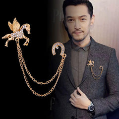 SYGA Men's & Women Suit Shirt Stud Lapel Pin Chain Tassel Brooch Pin with Pegasus Design Crystal Chain(Golden)