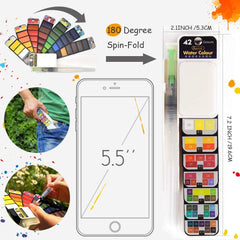 SYGA Watercolor Paint Set Foldable 42 Colors with 1 Brush Pen and Sponge Platte Portable Travel Solid Watercolor Painting Kit Gift for Adults Kids Drawing Artists Field Sketch Set Outdoor Painting Supplies