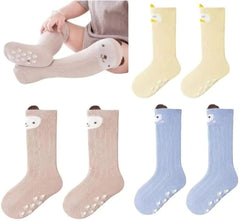 MOMISY 3 Pairs of Baby Kids Children Anti Skid Sleep Spring Winter And Autumn Combed Cotton Long Tube Knee-High Socks (YellowBlueKhaki, 0-1Y)