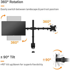 SYGA Double Monitor Stand Dual Arm Desk Mount for Screen Size 10" to 30" Fully Height Adjustable Bracket Ergonomic 180 Tilt, 360 Rotation & 360 Swivel Arm - VESA Dimensions: 75x75-100x100 - Dual