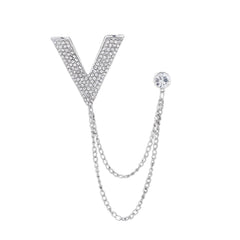 SYGA Men's & Women Suit Shirt Stud Lapel Pin Chain Tassel Brooch Pin with Crystal Chain(Big V silver)