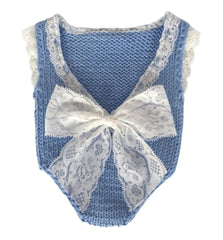 MOMISY Baby girl's Photography Photoshoot Costume,crochet Romper with lace boarder and lace bow on backside (Blue, Newborn)
