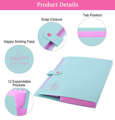 SYGA Cute Smiling Face Multi-Layer Accordion Bag Storage A4 Folder, Small Fresh Test Paper Bag Ticket Information Bag 12 Grids (Green)