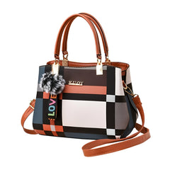 SYGA Women Colorblock Handbag with Dual Handles & Sling Strap – Featuring LOVE Keychain & Faux Fur Charm