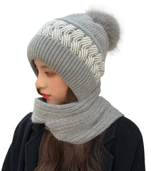 SYGA Women Winter Knitted Warm Hat With Scarf,Ear Protection Pompom Woolen Hat For Adult (White), Free Size