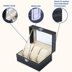 SYGA Faux Leather Finish 3 Slot Cavity Wrist Watch Storage Box Display Case Organizer with Glass Window (Black)