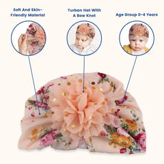 SYGA Baby Turban Hat, Toddler Beanie Cap Infant Hat 6 Month - 4 Year Cotton Floral Hat Headwear Cap Hat Accessories Unisex Hat, Peach Floral, 1 Piece