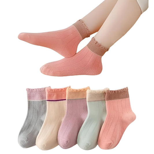 MOMISY 5 Pairs Baby Kids Girl Boys Tube Socks Toddlers Comfortable Ankel Length gifts (Lace2Color, 0 to 6 Months)