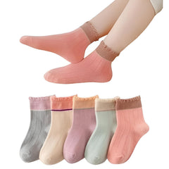 MOMISY 5 Pairs Baby Kids Girl Boys Tube Socks Toddlers Comfortable Ankel Length gifts (Lace2Color, 1 to 3 year)
