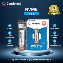 Consistent 1 TB NVMe PCIe M.2 SSD 2280, 3D NAND with SLC Cache, Up to 3000MB/s, 5 Years Warranty