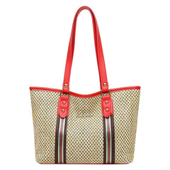 MOMISY Women's Straw Large Capacity Shoulder Tote Handbag with Top Handle-Red Handle