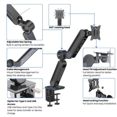 UNIQ MOUNTS™ Heavy Duty Premium 13''-42'' Gas Spring Assisted Single Arm Monitor Arm, Full Motion Desk Mount with 180° Swivel, 360° Rotation,+90°-85° Tilt VESA 75x75/100x100, 15kg Weight Load