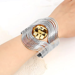 SYGA Hand Metal Wide Face Hollowed Gemstone Bracelet for Girl, Party, Holiday, Beach Accessories - 2 Stone Black