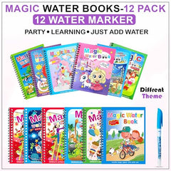 GLUN® Pack of 12 Children's Cartoon Water Magic Painting Book with Water-Based Marker, Different Magical Scenes