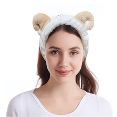 MOMISY Elastic Women's Lovely Hair Band Wash Face Spa Headband-Washable Facial Band Makeup Wrap Headbands Fits All Head Sizes (Sheep Horn White Khaki)
