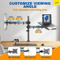 Karomouj Monitor Arm Desk Mount – Ergonomic Dual Monitor Stand with Laptop Tray, Fully Adjustable Heavy-Duty Monitor Mount for Desks, Increases Comfort & Productivity (Black)