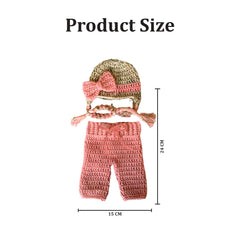 MOMISY Handmade Crochet Baby Photography Prop Set, Pink and Khaki Cap with Bow, Pants Photoshoot Costume