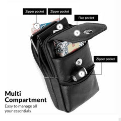 MOMISY Leather Crossbody Sling Bag, Mobile Cell Phone and Passport Holder, Travel Waist Pouch Holster for Men and Women (Black)