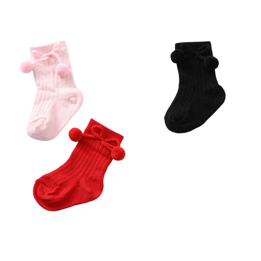 MOMISY Baby Cotton Crew/Calf Socks, Long Tube Style, 2/3 Pairs, Pom Design (IN, Age, 0 Months, 12 Months, 3, RedBlackPink)