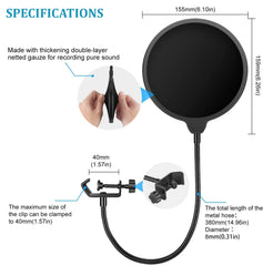 SYGA Microphone Pop Filter, for Blue Yeti, Blue Snowball - Flexible Gooseneck Microphone Mount and Double Layer Sound Shield Guard Windscreen