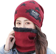 MOMISY Unisex Woolen Beanie Cap Plus Muffler Scarf Set for Men Women (Wine Red)