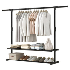 STANSY Garment Rack Freestanding Hanger, Metal Clothing Storage Rack with Double Shelves, Black, Multi-Functional Clothes Stand for Bedroom, Closet, Boutique