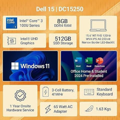 Dell 15 (Previously Inspiron) Laptop, 14th Gen Intel Core i3/Core 3 100U Processor, 8GB DDR4, 512 SSD, 15.6" FHD 120Hz IPS AG 250 nit Display, Win 11 + Office H&S 2024, Carbon Black, 1.63Kg