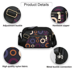 MOMISY Ladies Crossbody Bag, Nylon Shoulder Mobile Phone Purse, Circle Pattern, Black with Multi-Colour