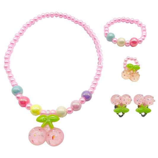 SYGA Children's Girls Necklace Earring Ring Set Jewelry Pearl Necklace Bracelet Set For Kids, Girl, Gift, Party (Cherry)