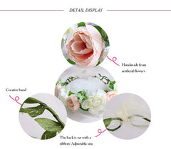 SYGA Women Front Side Rose Floral Crown Hair Wreath Leave Flower Headband Tiara with Adjustable Ribbon