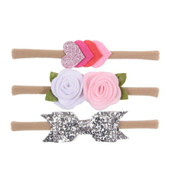 MOMISY Headbands Flowers Soft Synthetic Hairbands for Baby Girls, Infants and Toddlers, Pack of 3 - Multicolor (Free Size, Pink White Silver)